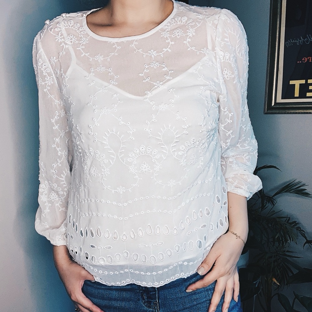 J. Crew Ivory Draped Mixed Embroidery Blouse